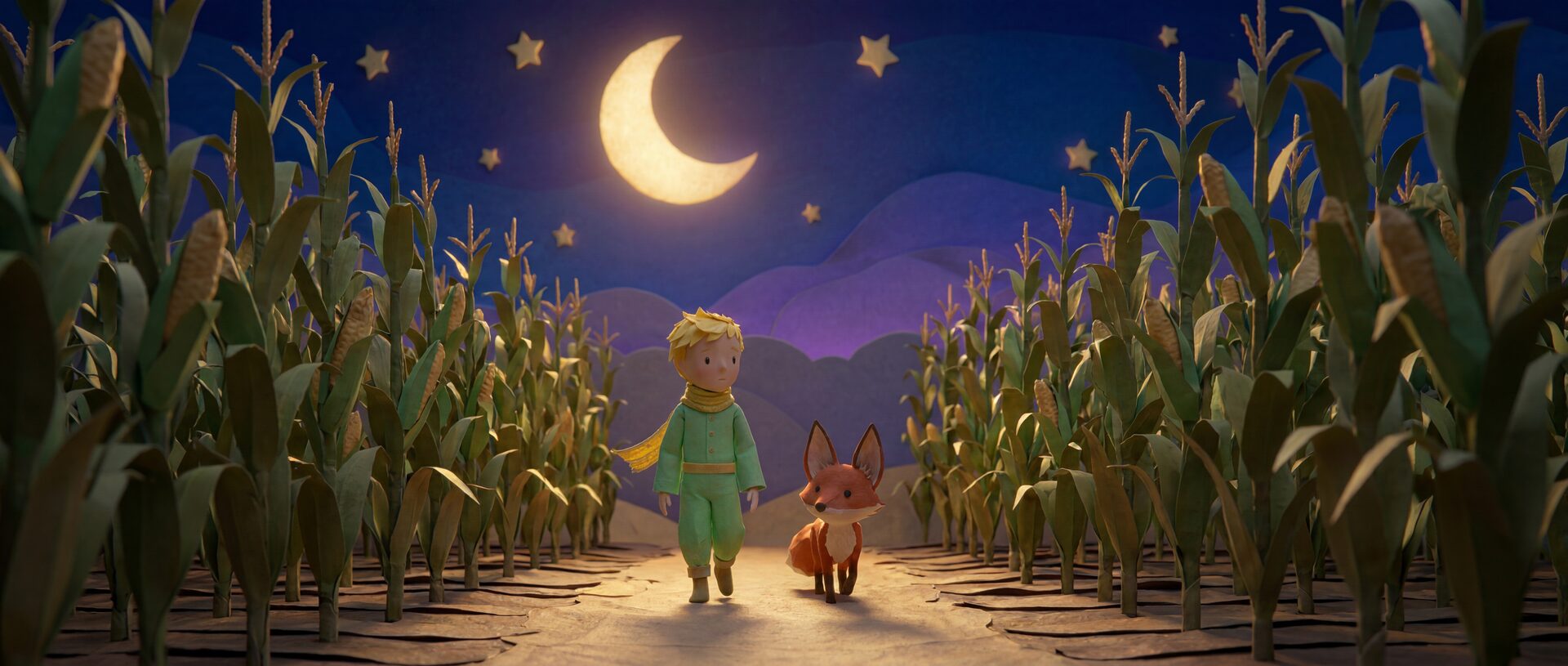 Der Prinz und der Fuchs gehen bei Nacht durch ein Kornfeld, über ihnen Mond und Sterne